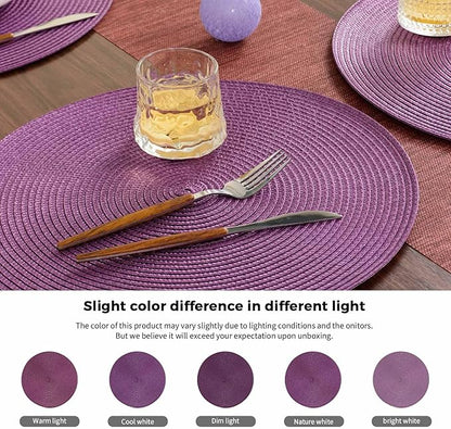 FunWheat Round Braided Placemats Set of 6 Table Mats for Dining Tables Woven Washable Non-Slip Place mats 15 inch(Purple, 6pcs)