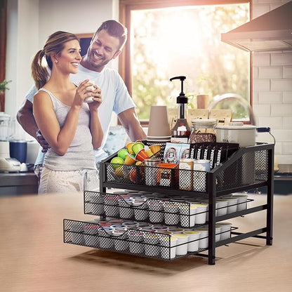 Homsorout Coffee Bar Organizer - Coffee Station for Countertop, Metal and Wood K Cup holder Storage Basket for Syrup, Cups, Stirrer, Condiment, Tea Organizer, Black