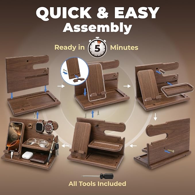 TESLYAR Wood Phone Docking Station for Men - Desk or Nightstand Organizer - Birthday Gifts for Husband or Dad - Anniversary Idea from Wife - Key Holder, Stand Wallet, Watch & Essentials (Earth Beige)