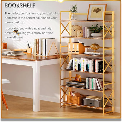 4NM Extra Wide 6 Tiers No Assembly Book Shelves, 61.8" H Folding Bookshelf Bookcase Open Industrial Foldable Shelves for Bedroom, Living Room, Home Office - Rustic Brown Gold