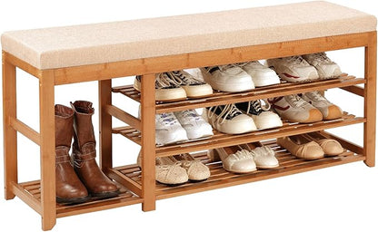 47.2 in Shoe Rack Bench with Cushion, 3 Tier Bamboo Entryway Bench with Storage for Entryway, Hallway, Bedroom, Living Room