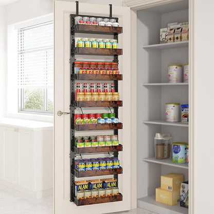 BUKFEN 8-Tier Over the Door Pantry Organizer, 2-in-1 Door Hanging or Wall Mounted Spice Rack, Heavy Duty Metal Storage Shelves with Adjustable Wooden Baskets for Kitchen Bathroom Closet