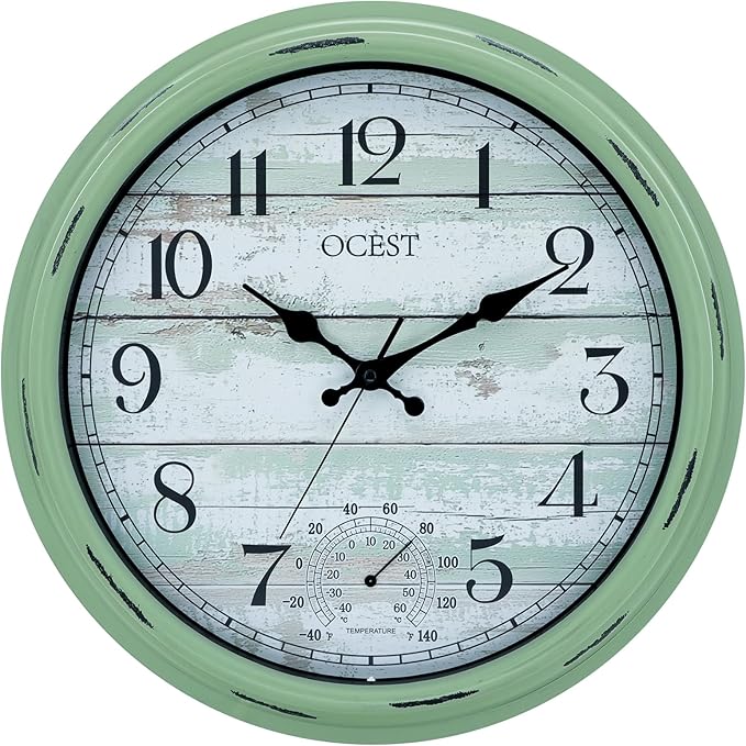OCEST 16 Inch Indoor Outdoor Clock, Waterproof Large Wall Clock with Thermometer, Silent Non-Ticking Battery Operated Decor for Patio Pool Porch Garden Garage（Retro Green）
