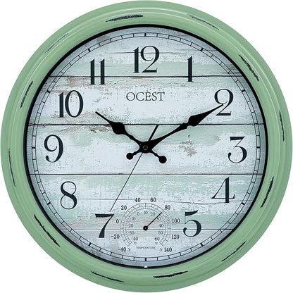 OCEST 16 Inch Indoor Outdoor Clock, Waterproof Large Wall Clock with Thermometer, Silent Non-Ticking Battery Operated Decor for Patio Pool Porch Garden Garage（Retro Green）