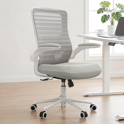 Office Chair for Long Hours & Lower Back Pain Relief – 4" Molded Foam Cushion, Padded Lumbar Support, and Padded Flip-up Armrests, Ideal for Office or Study, Light Gray