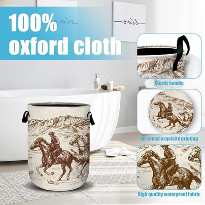 American Wild West Desert Cowboys Laundry Basket, Laundry Hamper Collapsible Oxford Cloth with Handle Clothes Toy Storage Bin for Bathroom Laundry Room Bedroom 15.7 X 20 Inch