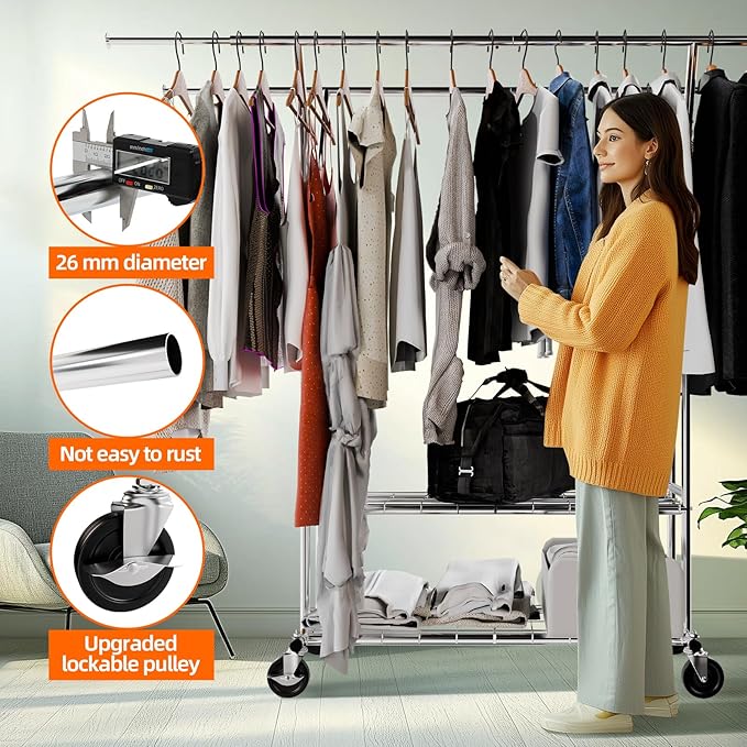 Clothes Rack, Heavy Duty Clothes Rack with Shelves Load 600 LBS, Sturdy Double Rod Clothing Racks for Hanging Clothes, Portable & Adjustable Garment Rack for Bedroom, Living Room