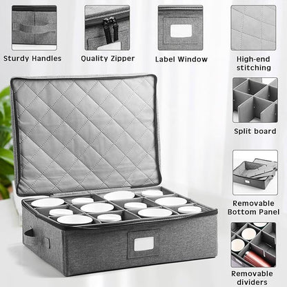 Uiifan 4 Pcs Cup and Mug Storage Box Stemware Storage Cases Containers Holds 12 Coffee Mug and Tea Cup with Lid Handle Wine Glass Box with Insert Cards for Label(Gray)