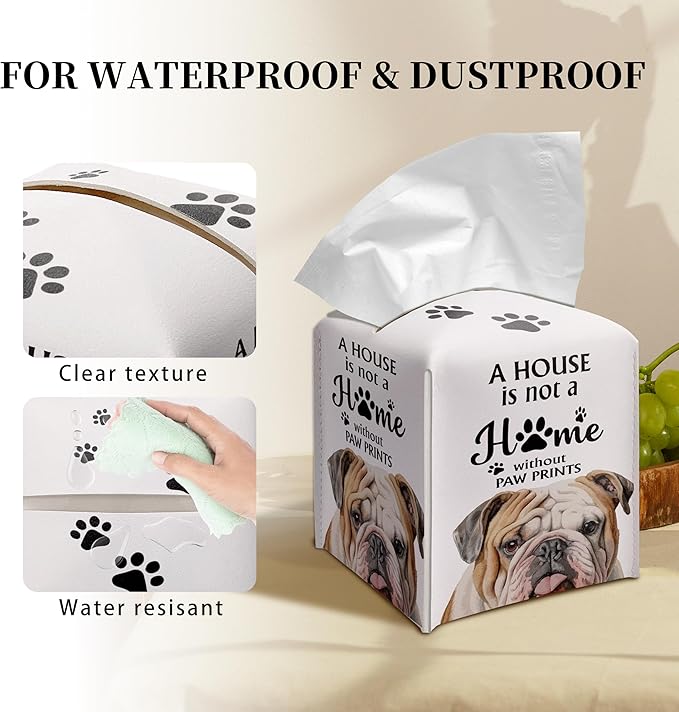 Grace Yonks Cute Bulldog Tissue Box Cover Square, Bulldog Dog Cube Case for Facial Tissues, 5.2" PU Leather(030)