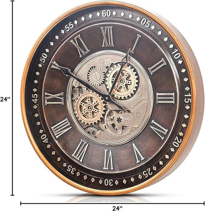 CLXEAST 24 Inch Wall Clock with Moving Gears,Oversized Large Industrial Steampunk Style, Antique Gold Metal Roman Numeral Wall Clocks for Farmhouse Living Room Decor