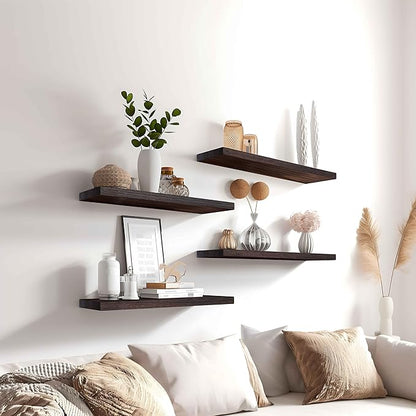 YYWUOJJ Wood Floating Shelves for Wall Decor, Rustic Wall Shelves for Bedroom Bathroom Kitchen Living Room, Set of 6 Walnut
