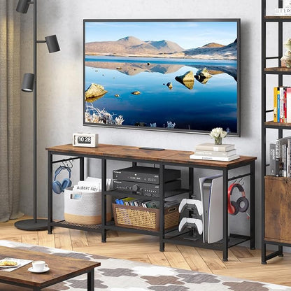 YGEOMER Entertainment Center for TVs Up to 50 Inch, TV Stand with Power Outlet and Open Storage Shelves, TV Media Console Table for Living Room and Bedroom, Rustic Brown