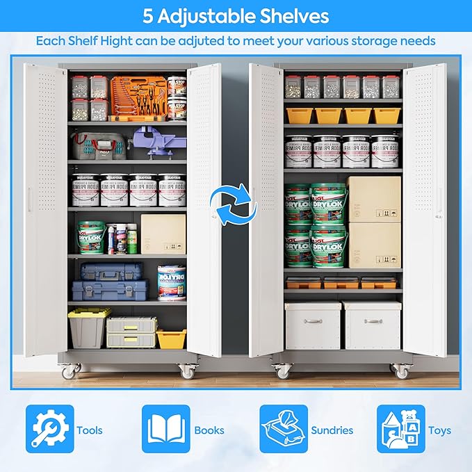 Metal Garage Storage Cabinet with Wheels, 71" H×32" W×16" D Metal Storage Cabinet with 5 Adjustable Shelves,Pegboard and Lockable Doors for Garage Home Office Utility Room,Required Assembly