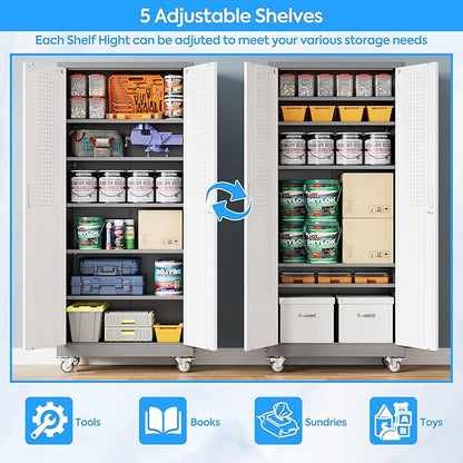 Metal Garage Storage Cabinet with Wheels, 71" H×32" W×16" D Metal Storage Cabinet with 5 Adjustable Shelves,Pegboard and Lockable Doors for Garage Home Office Utility Room,Required Assembly