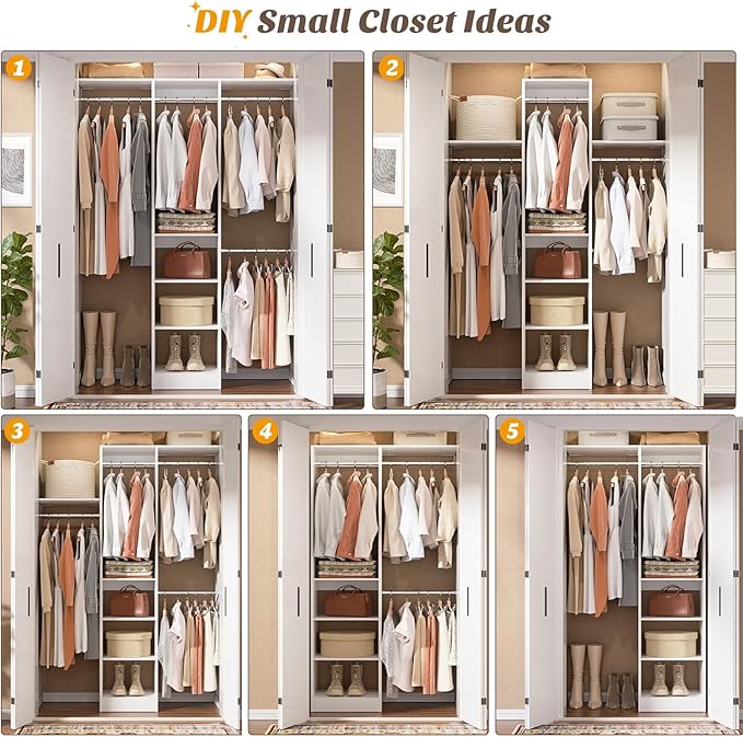 Cyclysio 4FT Small Closet System, 80"H Closet Organizer System with 4 Closets Rods & 3 Shelves, 48" Closets Organizers and Storage for Small Bedrooms, Laundry Rooms, Cloakrooms, White