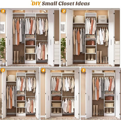 Cyclysio 4FT Small Closet System, 80"H Closet Organizer System with 4 Closets Rods & 3 Shelves, 48" Closets Organizers and Storage for Small Bedrooms, Laundry Rooms, Cloakrooms, White