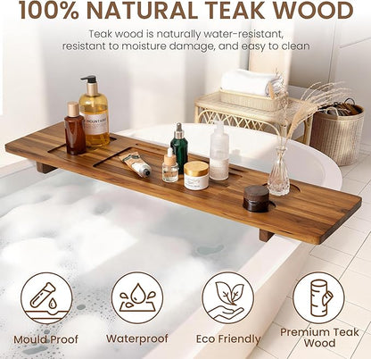 Teak Bathtub Tray - Wood Bath Caddy Tray 35" for Large Tubs - Adjustable Bathtub Table Trays - Luxury Shower Organizer for Home Spa Relaxation and Reading - Light Walnut Color