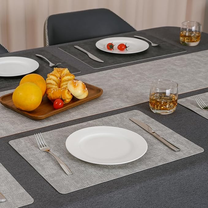 Myir JUN Reversible Vinyl Placemats Set of 4, Faux Leather Place Mats Dual Sided Waterproof Oilproof Wipeable, Heat-Resistant Table Mats for Kitchen Dining Indoor Outdoor (12" x 17", Light Gray Gray)