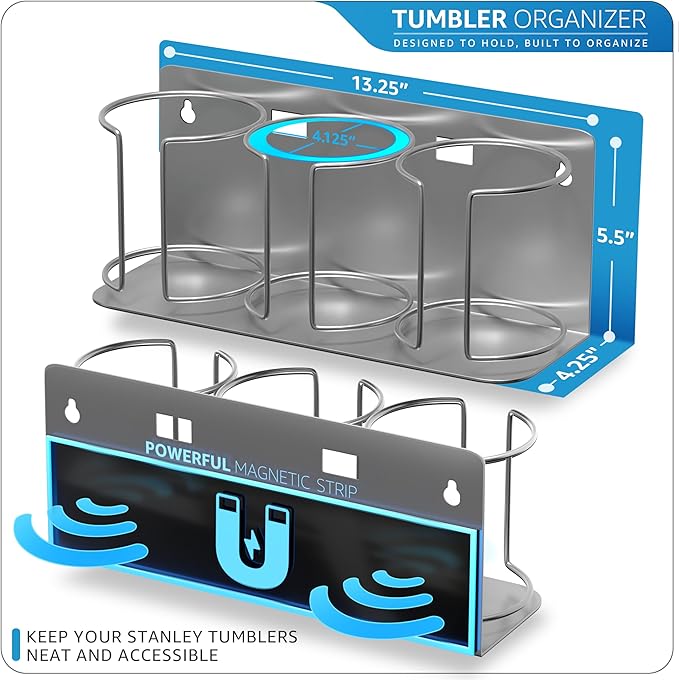 Sorbus Stanley Cup Organizer – 3-Cup Holder for Cabinet, Fridge, or Wall – Magnetic or Screw Mount – Stanley Storage Organizer for 20oz 30oz 40oz Cups, Tumblers, and Water Bottles (Silver 1-Pack)