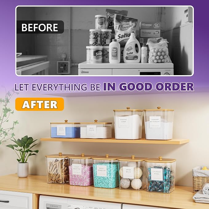 Moforoco 2+1 Pack Bamboo Laundry Pods Container, Clear Laundry Room Organization Containers,Large Laundry Detergent Powder Storage Containers Lids & Labels, for Scent Booster