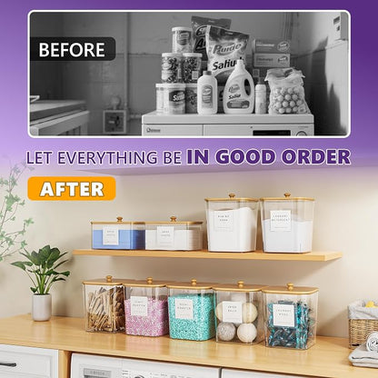 Moforoco 2+1 Pack Bamboo Laundry Pods Container, Clear Laundry Room Organization Containers,Large Laundry Detergent Powder Storage Containers Lids & Labels, for Scent Booster