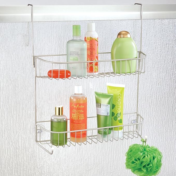 mDesign Extra Wide Metal Wire Over the Bathroom Shower Door Caddy, Hanging Storage Organizer with Built-In Hooks and Baskets on 2 Levels for Shampoo, Body Wash, Loofahs, Rust Resistant - Satin