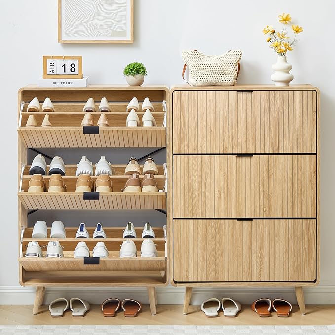 Narrow Shoe Cabinet Storage for Entryway,Slim Shoe Cabinet with 2 Flip Drawers, Fluted Shoes Rack Organizer (All Natural, 3 Drawers)