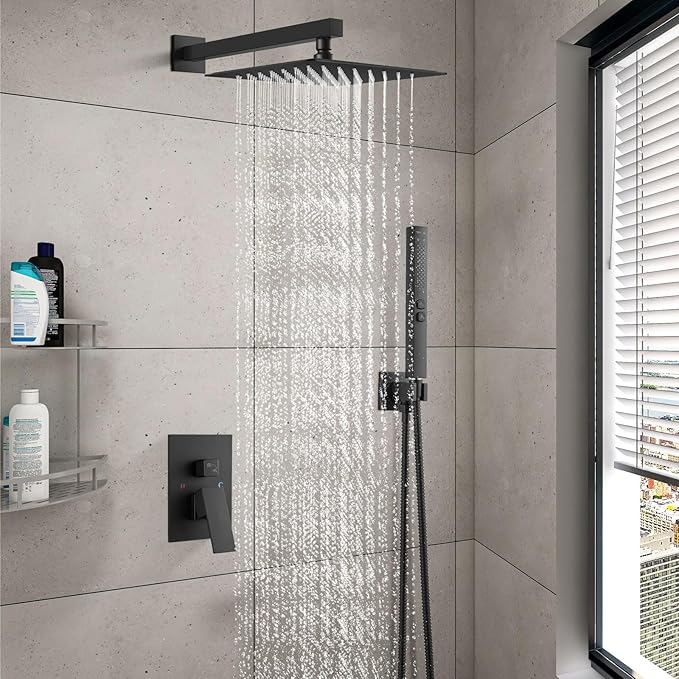 Shower Faucet Set Rainfall Shower System with Square Showerhead and Handle Set Fixture with 2 in 1 Function Handheld Sprayer Wall Mounted Trim Repair Kit Rough-in Valve 12 Inch Matte Black