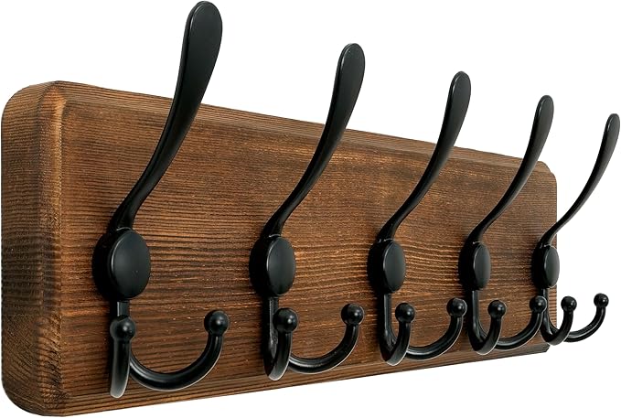 WEBI Rustic Coat Rack Wall Mount,Solid Wood Coat Hooks Wall Mounted Coat Hanger,16" Hole to Hole,Hook Rack Rail,5 Triple Hooks for Hanging Coats,Jacket,Clothes,Farmhouse,Brown