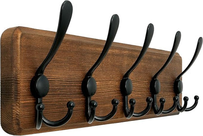 WEBI Rustic Coat Rack Wall Mount,Solid Wood Coat Hooks Wall Mounted Coat Hanger,16" Hole to Hole,Hook Rack Rail,5 Triple Hooks for Hanging Coats,Jacket,Clothes,Farmhouse,Brown