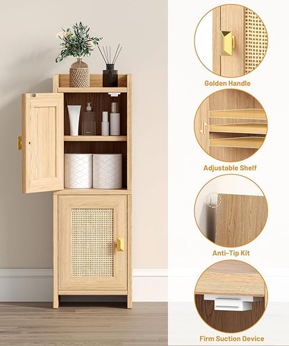 Akxomel Rattan Small Bathroom Cabinet with 2 Doors, 7.9''D x 9.8''W Narrow Toilet Paper Storage Cabinet, Bathroom Organizer for Small Spaces, Wooden Slim Corner Unit with Adjustable Shelf, Natural Oak