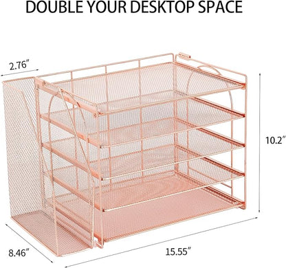 AUPSEN Rose Gold Desk Accessories Organizer,5-Tier Desktop Paper File Organizer with Adjustable File Holder, Office Desk Accessories for Office Supplies