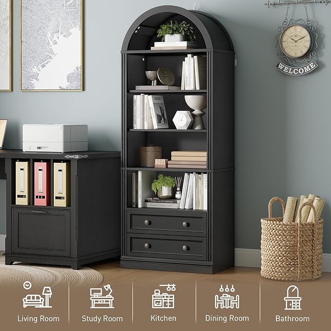 Farmhouse Arched Bookshelf Set of2, 7 Tiers Arch Bookcase with 2 Spacious Drawers, Modern Book Shelf with Open Display Shelves and Storage Cabinet, for Office, Living Room, Kitchen, Black