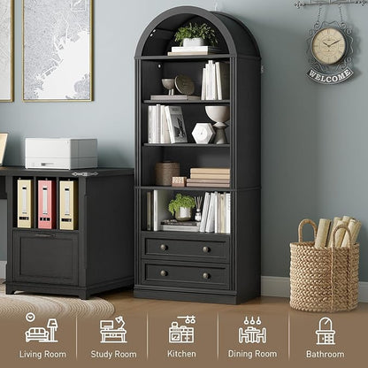 Farmhouse Arched Bookshelf Set of2, 7 Tiers Arch Bookcase with 2 Spacious Drawers, Modern Book Shelf with Open Display Shelves and Storage Cabinet, for Office, Living Room, Kitchen, Black