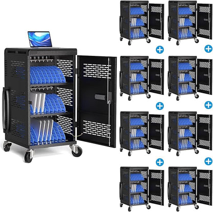 8 Pack | Fully Assembled 30 Bay Multi Device Charging Station for Chromebook,iPad,14'' Laptop,Pre Built Computer Charging Cart with Charger Cable Management,Circuit Breaker,Grounding Protection(Black)