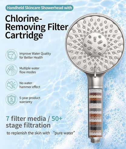 SR SUN RISE Filtered Shower Head with Handheld High Pressure 9 Spray Mode Showerhead Detachable Shower Head Water Softener Filters Beads for Hard Water Remove Chlorine 1 Filter Brushed Nickel