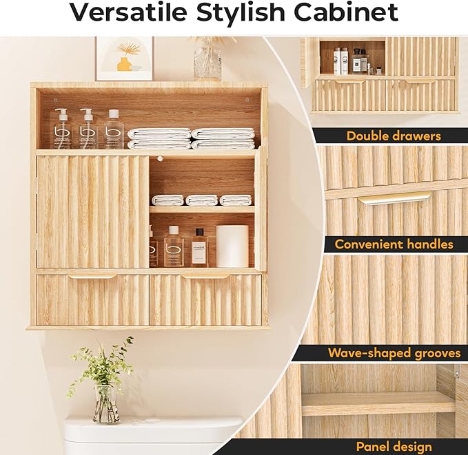 Bathroom Wall Cabinet, Wall Mounted Medicine Cabinet with Drawers, Modern Farmhouse Storage Cabinet with with Adjustable Wood Shelf & Doors for Bathroom, Kitchen, Laundry Room (Natural Oak)