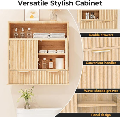 Bathroom Wall Cabinet, Wall Mounted Medicine Cabinet with Drawers, Modern Farmhouse Storage Cabinet with with Adjustable Wood Shelf & Doors for Bathroom, Kitchen, Laundry Room (Natural Oak)
