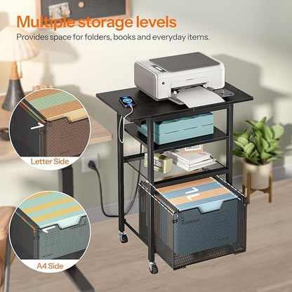 HOOBRO Printer Stand, Printer Table with Charging Station, Printer Cart with Hanging File Folder Organizer, Rolling File Cabinet Cart, Shelf for Home Office, Black BB17UPS01