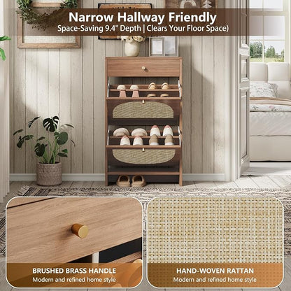 Nicetree Shoe Cabinet for Entryway, Slim Shoe Rack with 2 Flip Drawers and Top Storage Drawer, Narrow Shoe Organizer with Printed Rattan-Look Design, Entryway Shoe Storage for Size 12 Shoes, Caramel