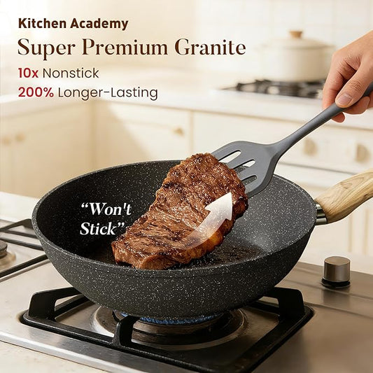 Kitchen Academy Induction Cookware Sets - 12 Piece Gray Cooking Pan Set, Granite Nonstick Pots and Pans Set