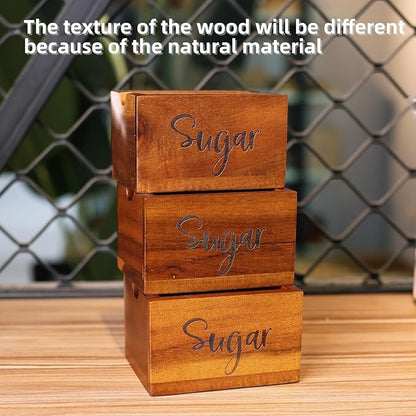 Acacia Sugar Packet Caddy for Coffee Bar, Farmhouse Wood Sugar Holder Packets , Sugar Packet Container, Small Tea Bag Organizer for Office Table,Hotel, Restaurant, Brown Labeled Sugar