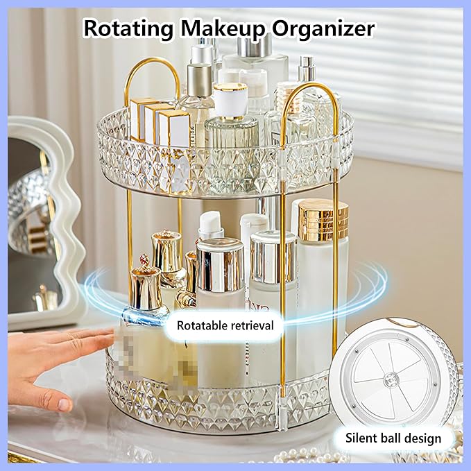 Gold Rotating Makeup Organizer for Vanity, 2-Tier Large Capacity Perfume & Skincare Organizer with Brush Holder, 360° Bathroom Countertop Organizer for Cosmetics, Jewelry & Hair Products