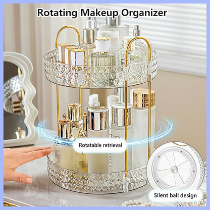 Gold Rotating Makeup Organizer for Vanity, 2-Tier Large Capacity Perfume & Skincare Organizer with Brush Holder, 360° Bathroom Countertop Organizer for Cosmetics, Jewelry & Hair Products
