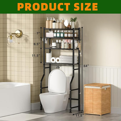 4-Tier Over The Toilet Storage, Space Saver Metal Bathroom Shelves, Freestanding Above Over Toilet Storage Shelf with 4 Hooks for Bathroom, Black