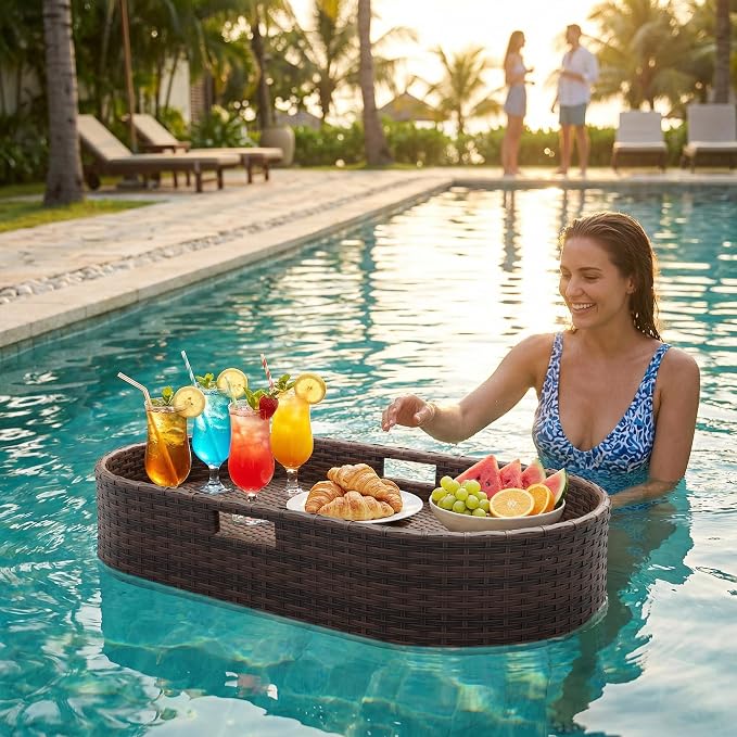 Greesum Wicker Pool Floating Tray, 38”x20” Oval Portable Serving Tray for Holding Fruits, Drinks & Essentials, Suitable for Pool Activities, Bathtub, Hot Tub, Beach Parties, Brown