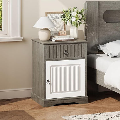 4ever2buy Farmhouse Nightstand, 24" Tall Nightstand with Drawers, Grey Night Stand with Storage, Wood End Table Bedside Table for Bedroom Living Room, White and Grey