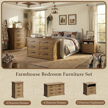 AODK 24 Inch Farmhouse Nightstand with Charging Station, Large Bedside Table with 2 Drawers, Rustic Wood End Table with Outlet and USB for Bedroom, Light Walnut