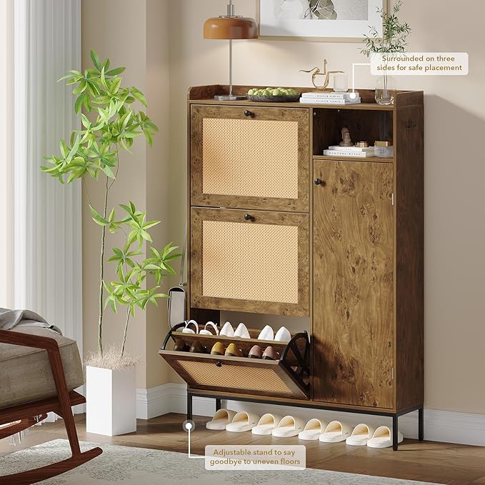 Rattan Wooden Shoe Cabinet, Freestanding 3-Flip Drawer Shoe Storage Organizer, Side Cabinet & Top Fence, Easy Assembly Shoe Rack for Entryway Hallway Living Room, Tree Pomegranate