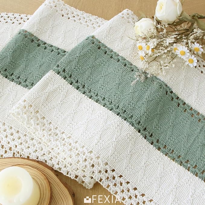 FEXIA Sage Green Table Runner 90 Inches Long with Tassels Boho for Summer Home Decor Rustic Macrame Farmhouse Table Cover for Wedding Party Bohemian Bridal Shower Dining Decorations(12x90 Inches)